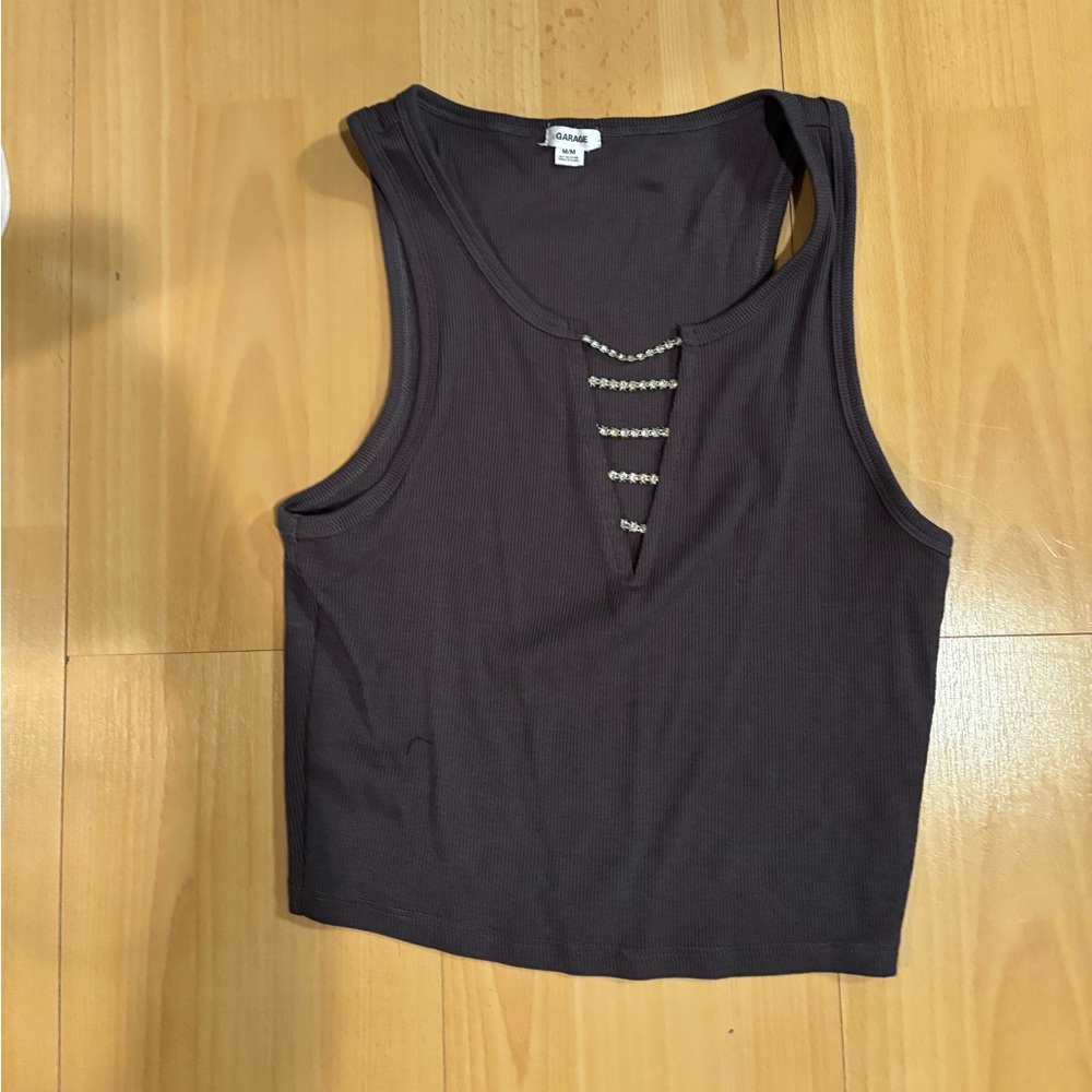 Garage gray  Ribbed Crop Tank with Rhinestone Ladder Accent